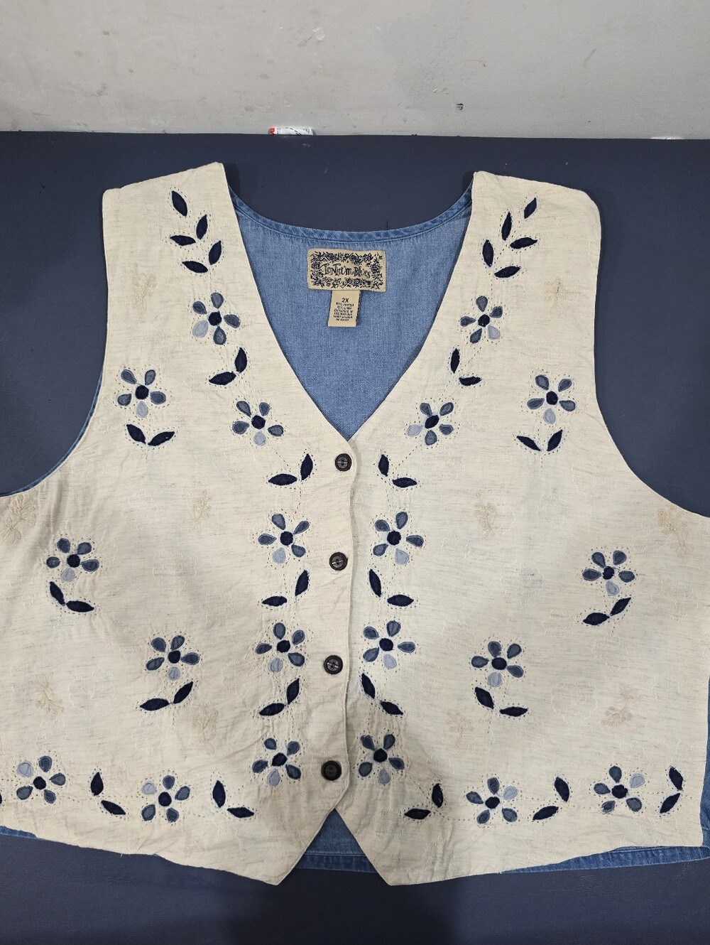 Tantrum Blues 2X Floral Embroidered Cotton Linen Denim Vest Boho